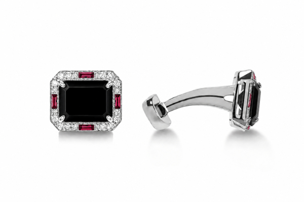 CUFFLINKS BLACK ONYX OCTAGON WITH DIAMONDS AND RUBIES BAGUETTE