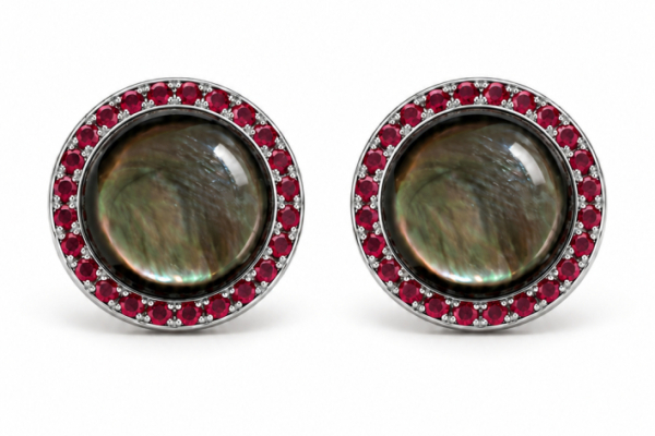 CUFFLINKS ROUND SIXTY GREY MOP with RUBIES boarded