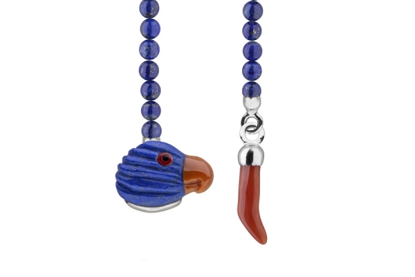 VEZZO lapel chain pappagallo lapislazzuli e corallo