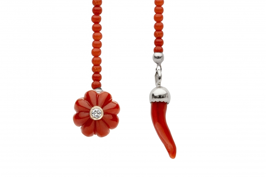 VEZZO lapel chain CORAL FLOWER WITH DIAMOND AND CORAL CHAIN