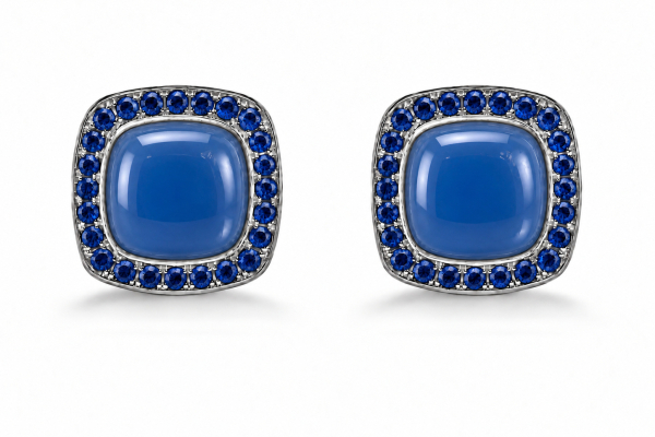 CUFFLINKS SQUARE WITH SAPPHIRES AND BLUE AGATE STONE