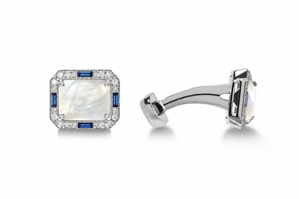 CUFFLINKS MOTHER OF PEARL  OCTAGON WITH DIAMONDS AND SAPPHIRE BAGUETTE 