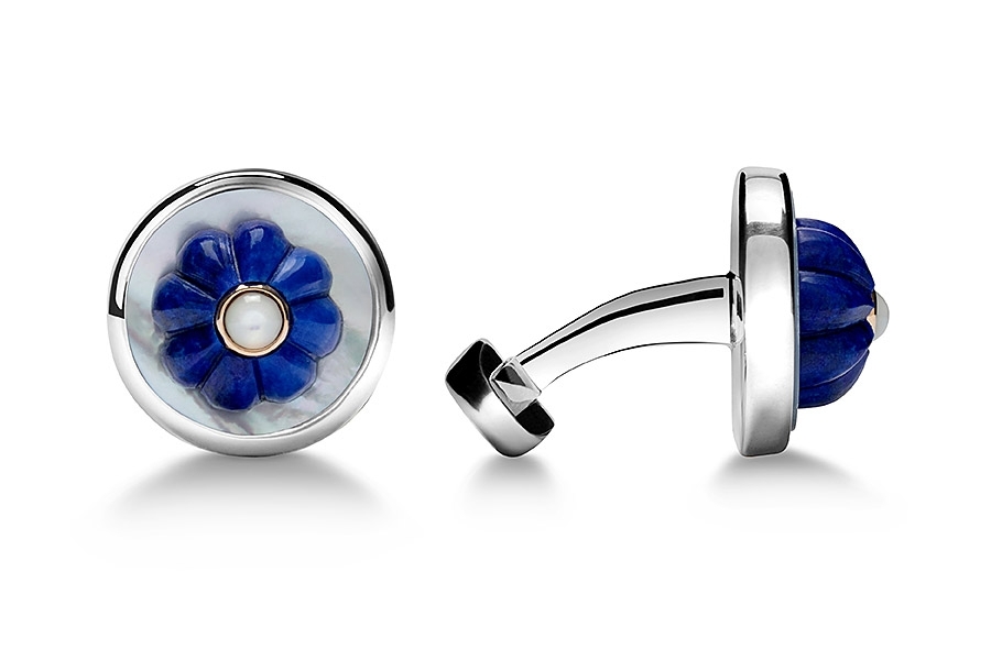 cufflinks lapis lazuli  flower with gold and mother of pearl 