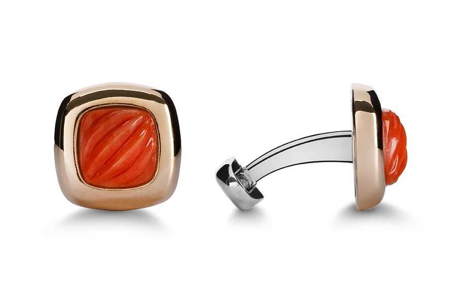 gold square cufflinks with coral