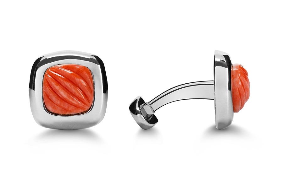 silver square cufflinks with coral