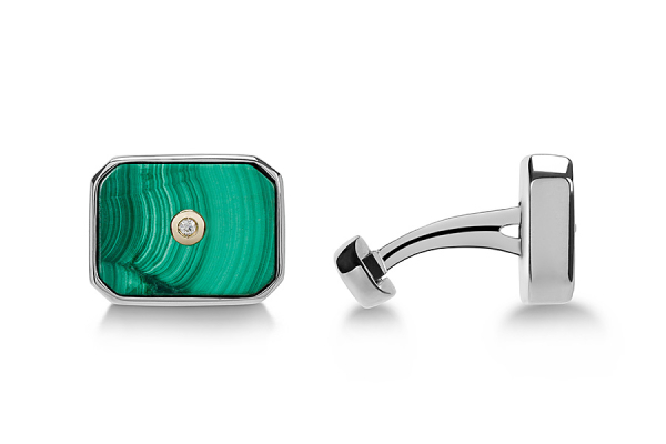 GEMELLI OTTAGONO MALACHITE BORDO SILVER CON ORO E DIAMANTI
