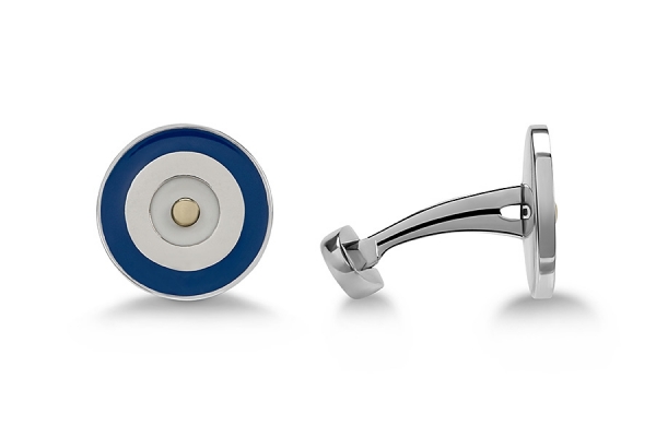 GEMELLI CERCHIO SMALTO BLU BIANCO CON BORCHIA IN ORO 