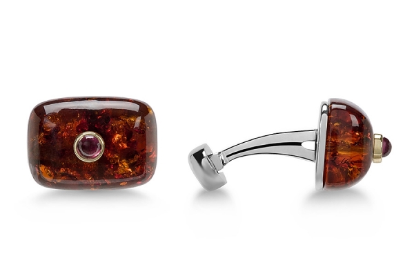 GEMELLI RETTANGOLO AMBRA CAB CON ORO E RODOLITE