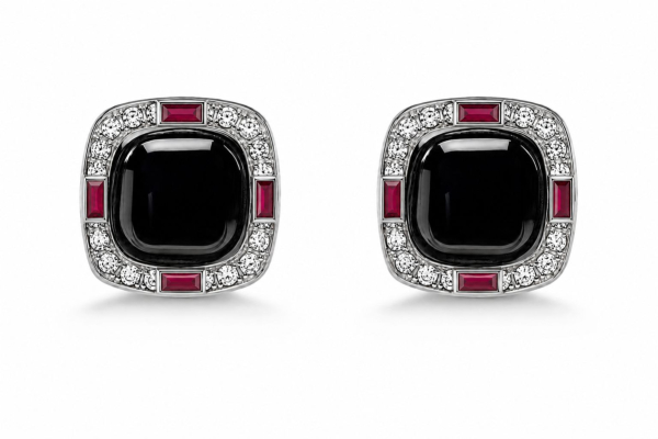 BLACK ONYX SQUARE WITH WHITE DIAMONDS AND RUBIES BAGUETTE