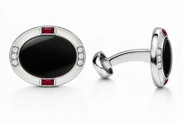 CUFFLINKS OVAL WITH BLACK ONYX - RUBIES BAGUETTE AND WHITE DIAMONDS